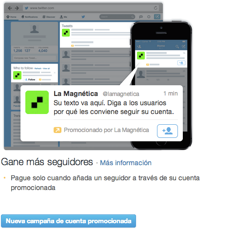 Interfaz de autoservicio de anuncios de Twitter - Cuenta Promocionada